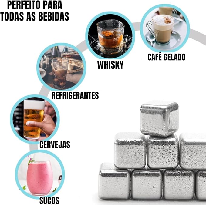 Kit com 8 Cubos de Gelo Inox Reutilizáveis com Pegador e Estojo – Gelo Artificial para Bebidas Sem Diluição - Imagem 3