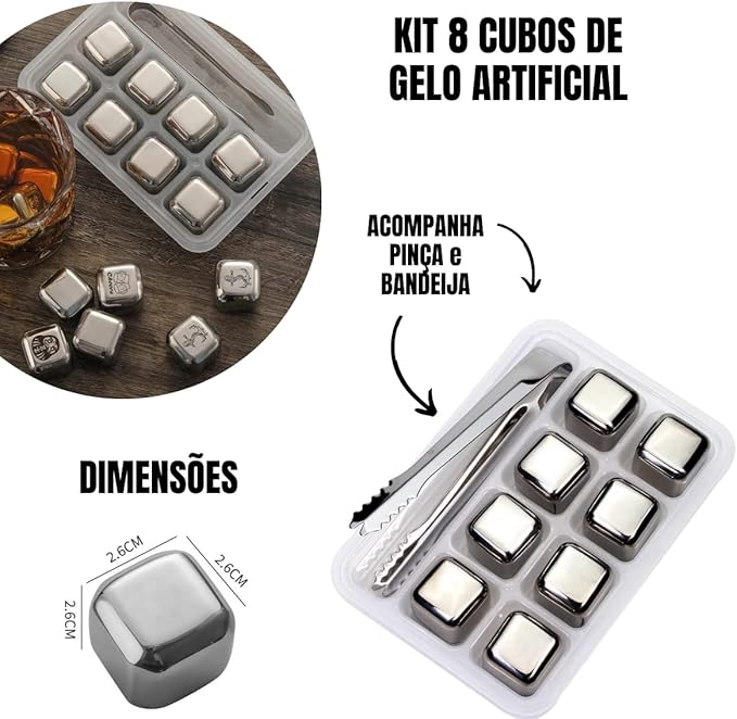 Kit com 8 Cubos de Gelo Inox Reutilizáveis com Pegador e Estojo – Gelo Artificial para Bebidas Sem Diluição - Imagem 6